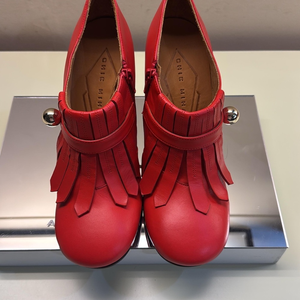 Chie Mihara Red Leather Fringe Block-Heel Booties round toe - Picture 2 of 5